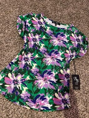 Ashley Blue Green and Purple Floral Top with Cream Accents